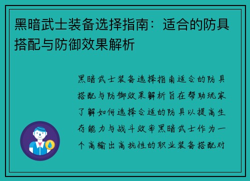 黑暗武士装备选择指南：适合的防具搭配与防御效果解析